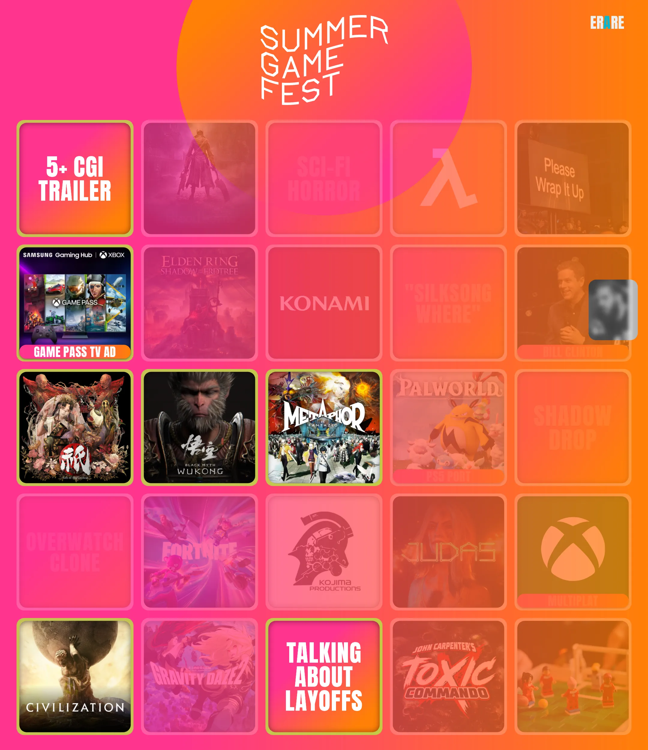 Summer Game Fest 2024 Bingo Card Results