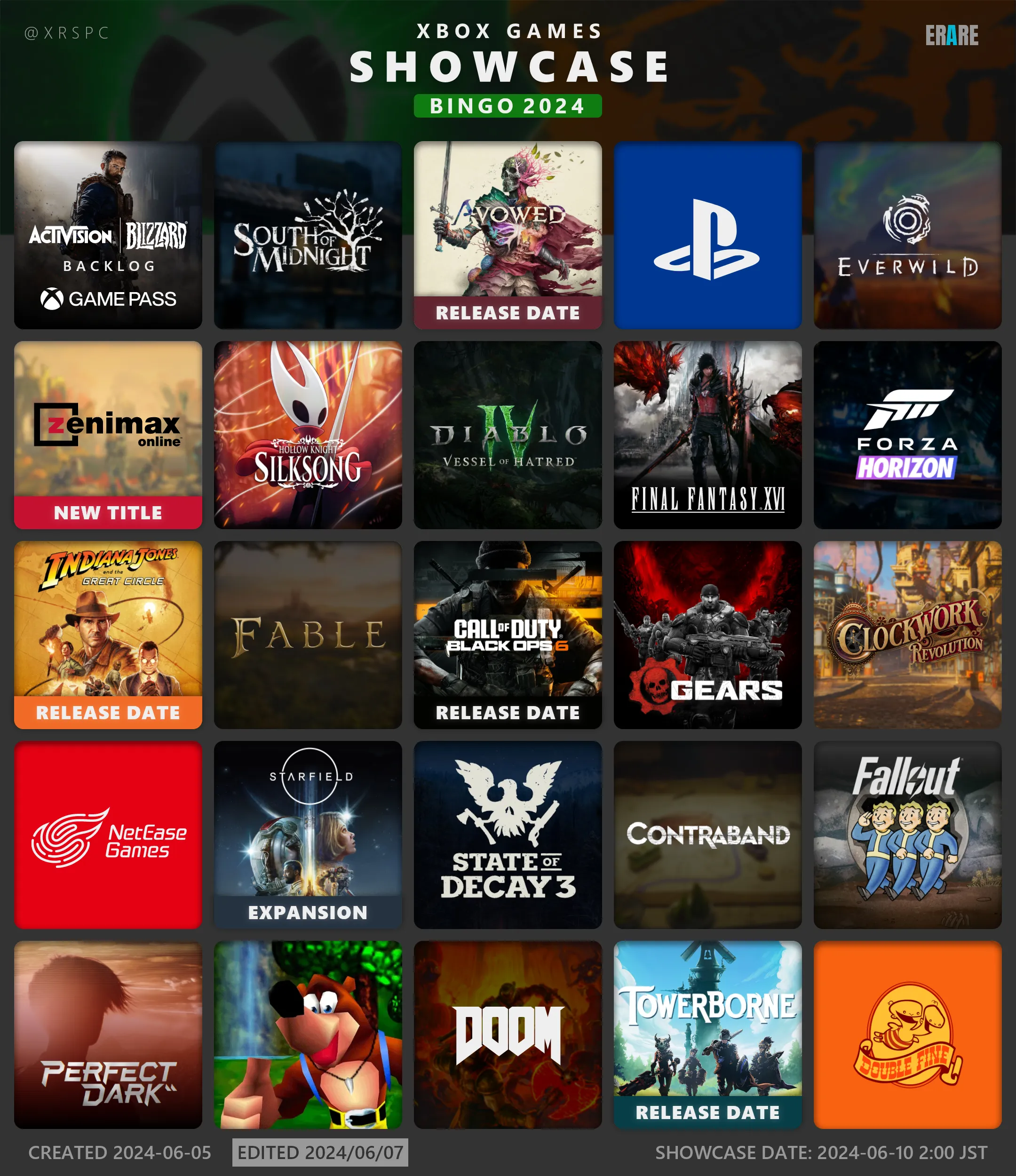 Xbox Games Showcase BINGO 2024